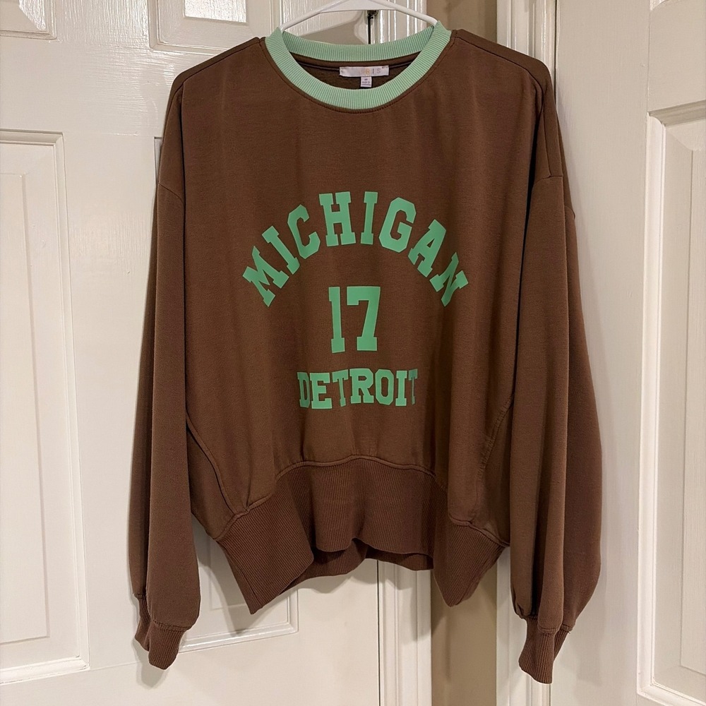 IRIS Womens Relaxed Michigan Detroit 17 Sweatshirt Brown Size M Graphic Fleece